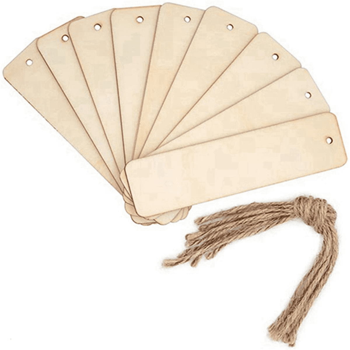 300Pcs Wooden DIY Bookmark Blank Bookmarks with Ropes Wooden Book Markers Rectangle Thin Hanging Tag