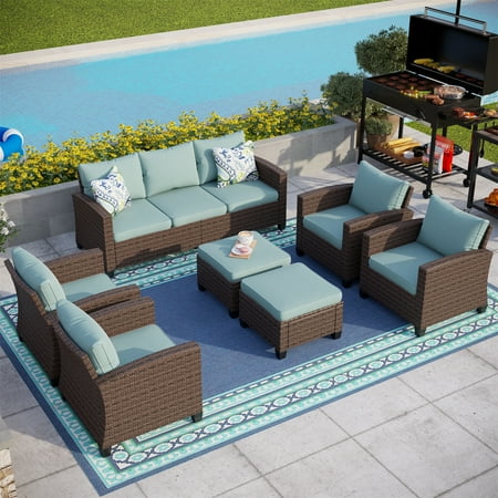 MF Studio 9-Seat Outdoor Patio Conversation Set Wicker Furniture Sofa Set Blue