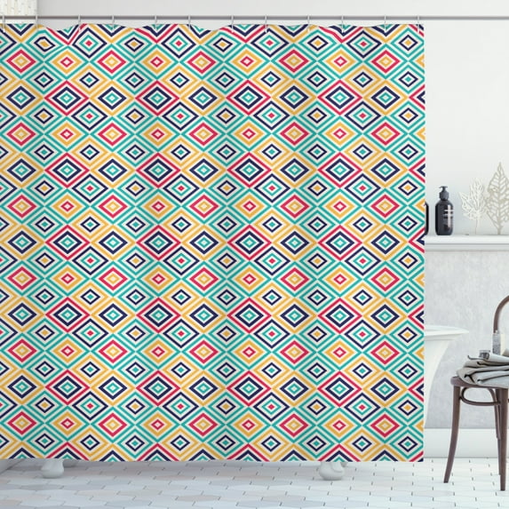 Colorful Shower Curtain, Diagonal Nested Squares with Retro Effect Simplistic Geometrical Checkered Style, Fabric Bathroom Set with Hooks, 69W X 75L Inches Long, Multicolor, by Ambesonne