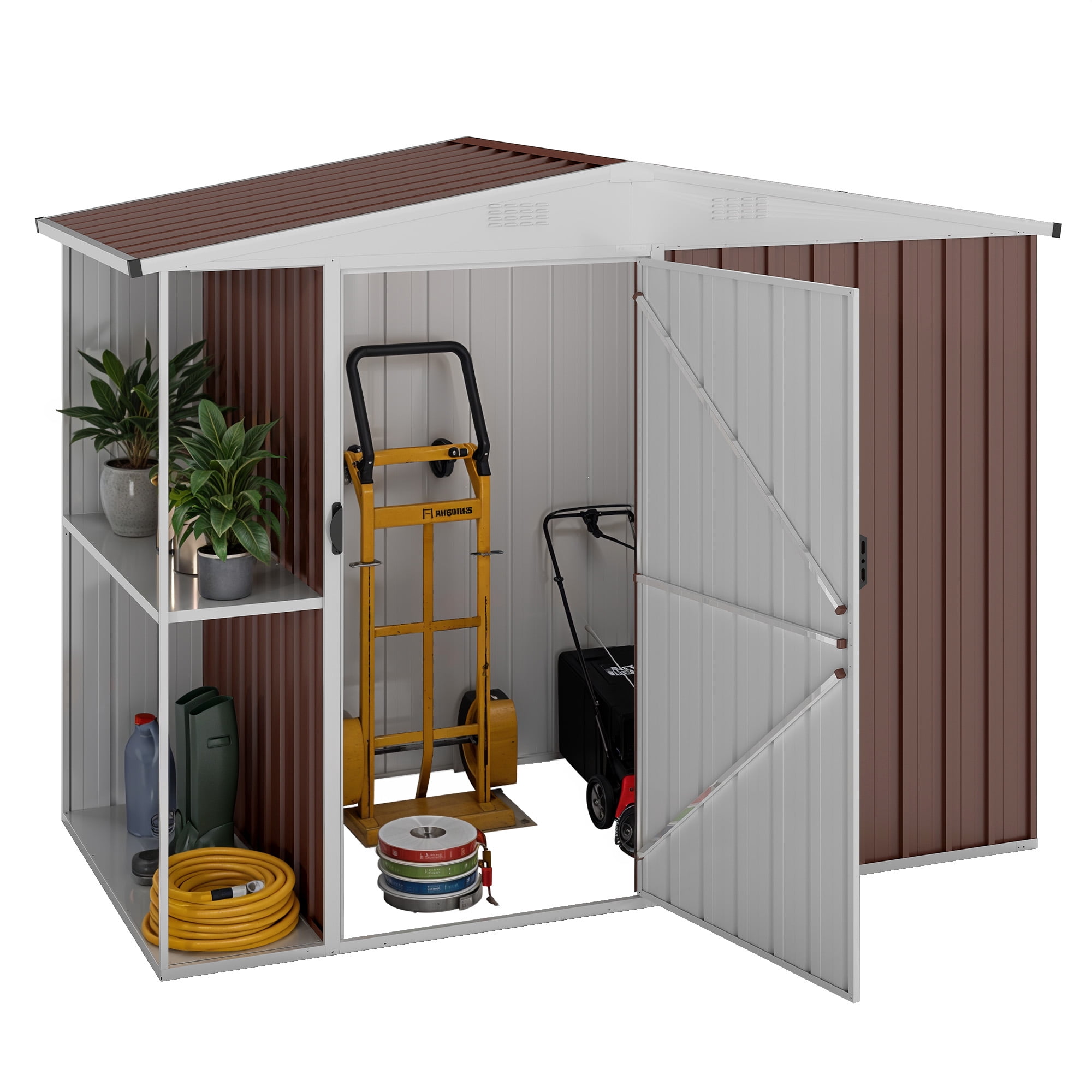 Uforic 8x4 FT Outdoor Metal Storage Shed with Shelves, Lockable Tool Cabinet for Garden (Brown)