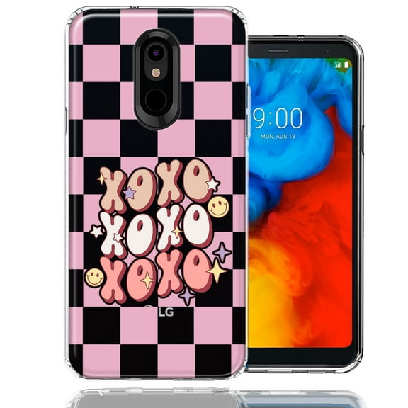 MUNDAZE LG Stylo 5 Retro Pink Checkered XOXO Vintage 70s Style Hippie Valentine Love Double Layer Phone Case Cover