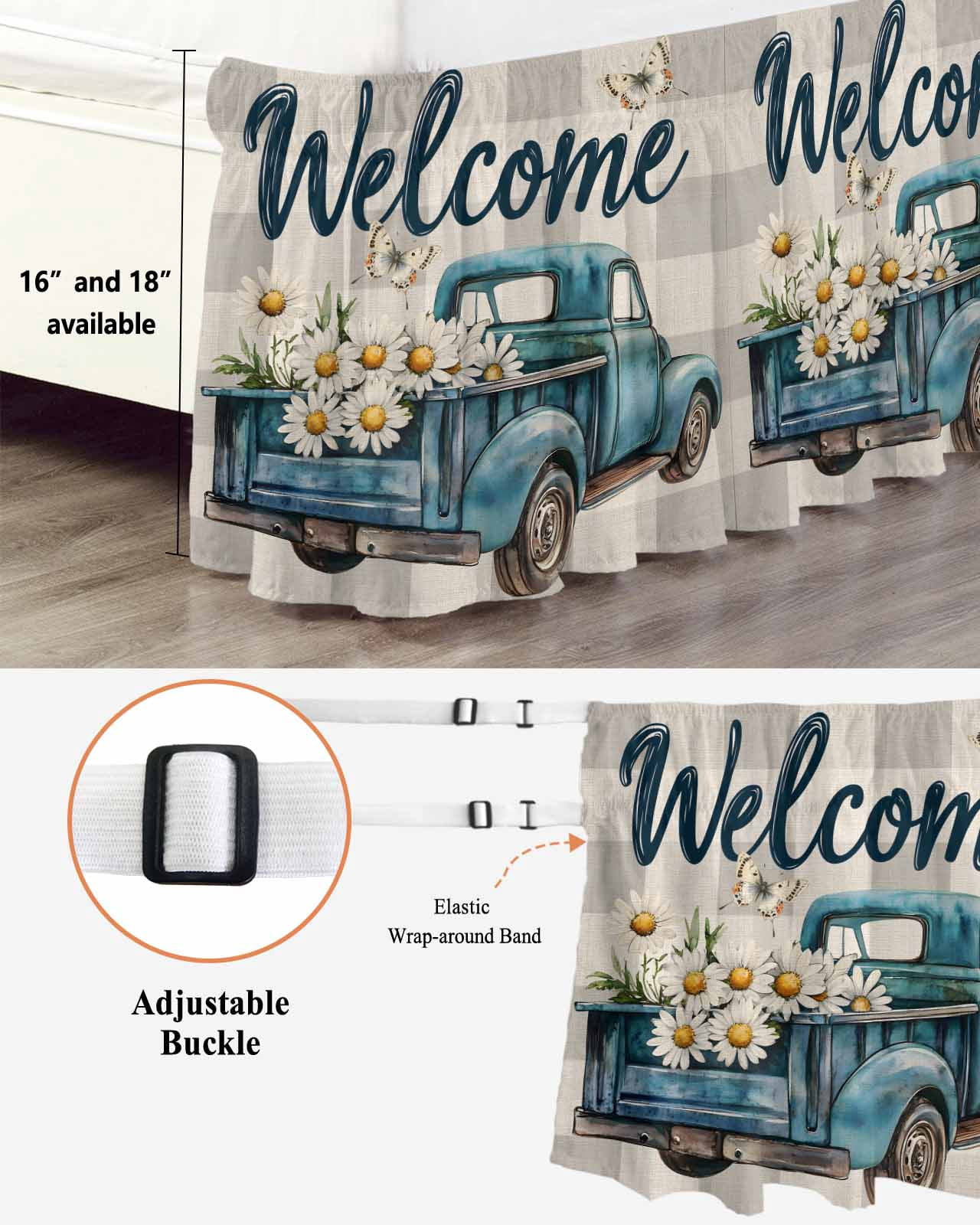 Daisy Butterfly Wrap Around Bed Skirts for Queen Bed 16" Drop,Bed Skirt with Adjustable Elastic Belt Dust Ruffle Bed Valance for Bedroom Hotel Blue Floral Truck Pastoral Grey Check Bed Frame Cover