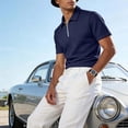 thumbnail image 2 of OGLCCG Men's Quarter-Zip Golf Shirts Lapel Collared Jacquard Short Sleeve Pullovers Casual Solid Color Business Tee Tops,M,Navy, 2 of 7