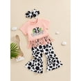 thumbnail image 6 of Aojekbee Little Girl Summer Cowgirl Set, Letter Print Short Sleeve Tassel Hem Tops Cow Print Flare Pant Headband Toddler Outfits, 6 of 10