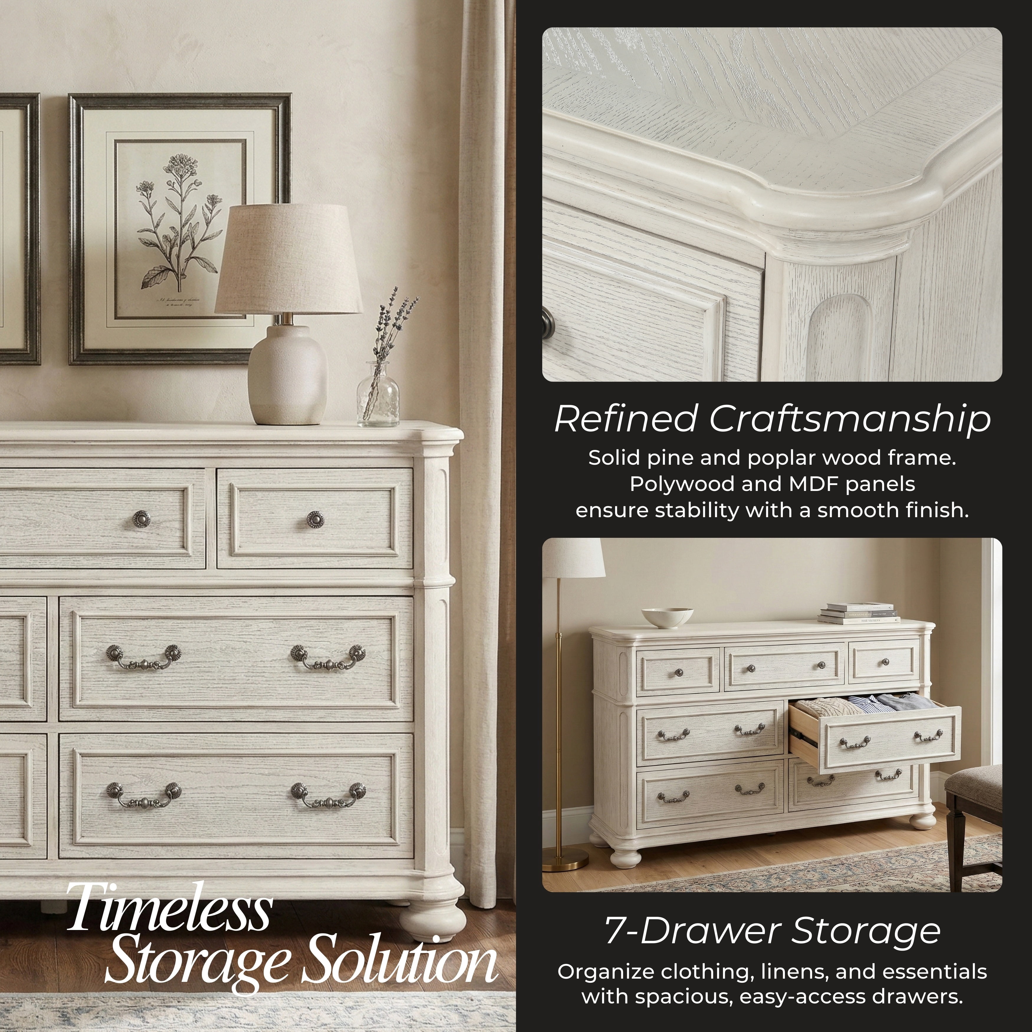 Roundhill Furniture Nelson 7-Drawer Bedroom Dresser, Antique White