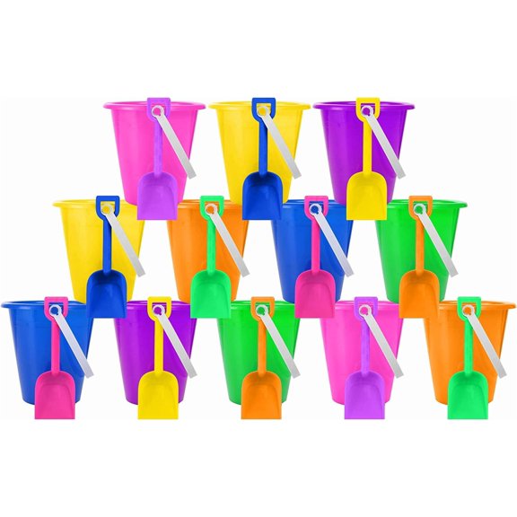 4E's Novelty 12 Pack Sand Buckets with Shovels for Kids, Beach Party Favor Outdoor Play Set