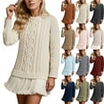 thumbnail image 4 of Women Cable Knit Sweater Dress Crewneck Long Sleeve Pleated Dress Twofer Patchwork Dress, 4 of 9