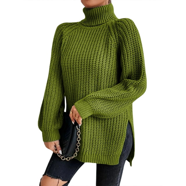 EYIIYE Chandail d'Automne Hiver pour Femmes à Manches Longues Col Roulé Tricoté chandail Couleur Unie Ourlet Fendu Long Tricoté Ample Décontracté Confortable