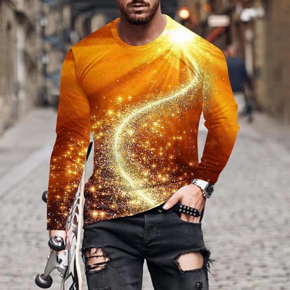 Ceisia Men's Gold Starburst Print T-Shirt | Slim Long-Sleeve Crewneck Festive Casual Top Gift
