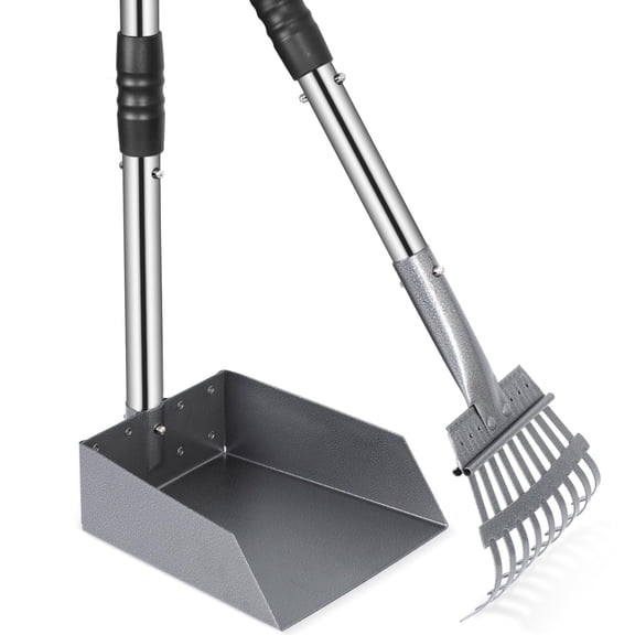Dog Pooper Scooper,Tray and Rake Set Poop Scooper for Dogs, Adjustable Long Handle Metal Pooper Scooper with Bin for Pet Waste Removal, No Bending Clean Up for Medium and Large Dogs