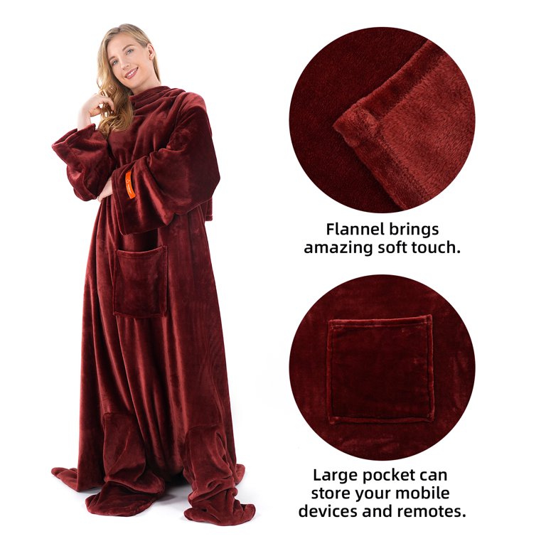Winthome Flannel Wearable Blanket Large Soft Fleece TV Throw Wrap Robe  Blanket with Sleeves u0026 Feet Pockets Comfy Warm Full Body with Pocket Red  55.1X70.8 - Walmart.com