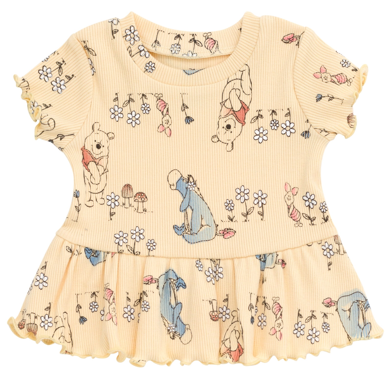 Disney Winnie the Pooh Eeyore Piglet Infant Baby Girls Peplum T-Shirt and Bike Shorts Outfit Set Yellow 12 Months
