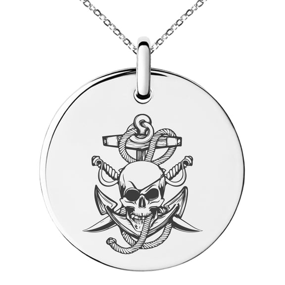 Stainless Steel Pirate Skull Anchor & Sabers Engraved Small Medallion Circle Charm Pendant Necklace