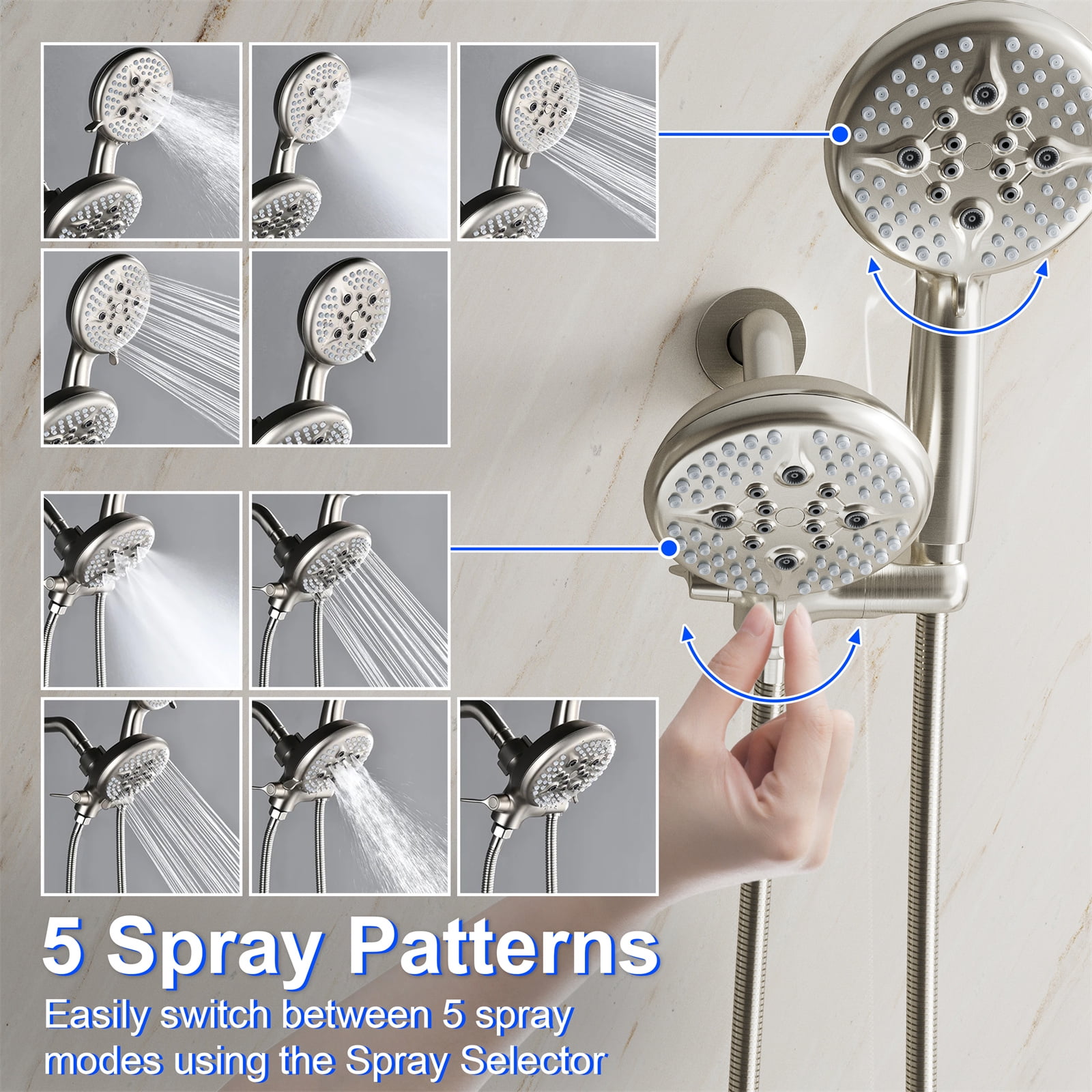 Angeleshome Bathtub Shower Faucet Set with Tub Spout, 3-in-1 Dual Shower Head System with Handheld Spray Combo, 5-Mode, Valve Trim Kit, Brushed Nickel