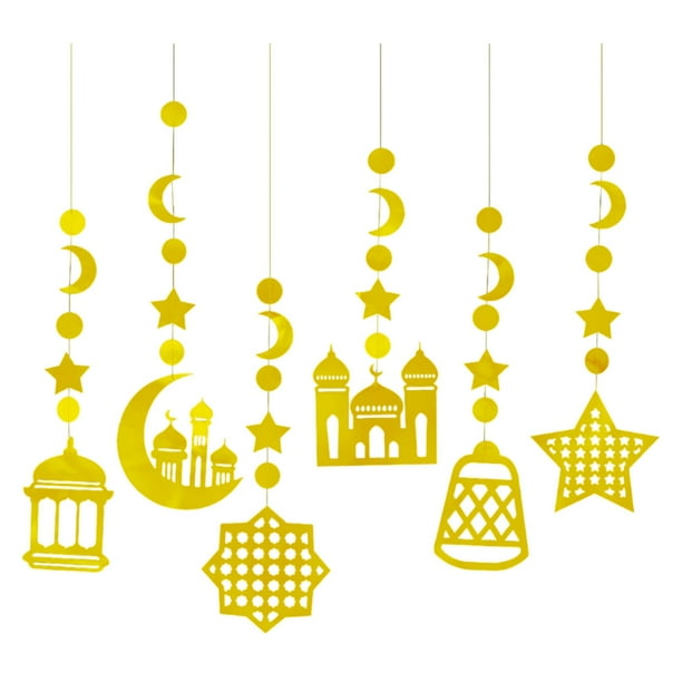 6 serpentinas decorativas para Ramadán Eid Mubarak, suministros para fiestas de Ramadán Mubarak Oro