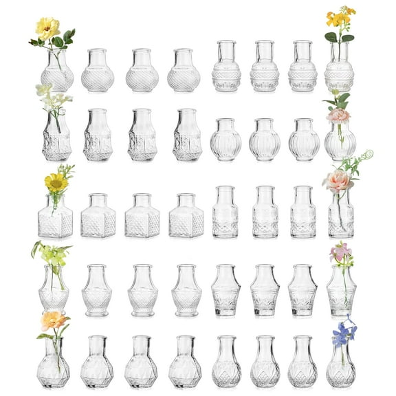 Glasseam Set of 40 Clear Glass Bud Vases: Mini Vintage Flower Vases for Weddings, Centerpieces, and Home Decor, Bulk Pack for Table Settings and Events