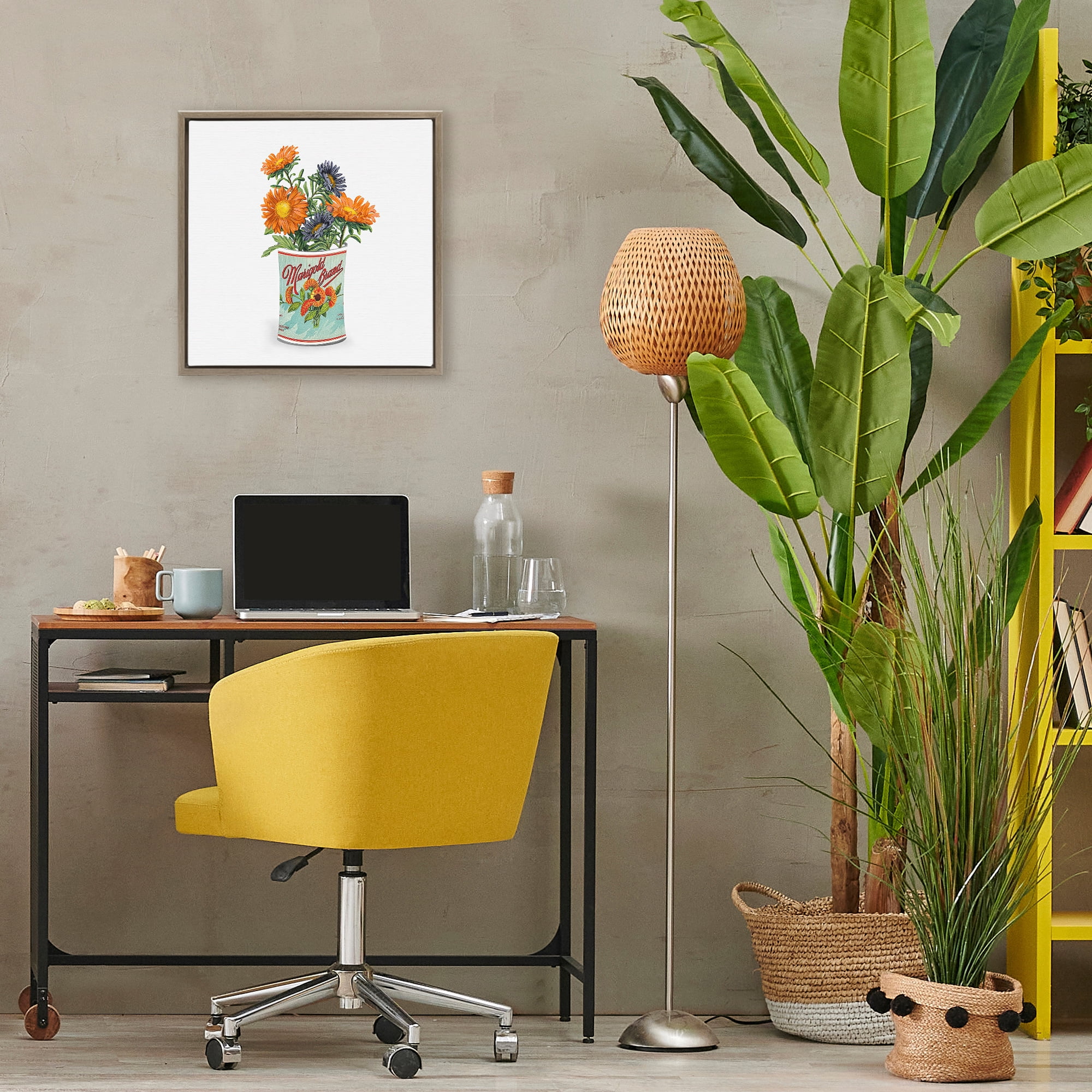 Stupell Industries Nostalgic Marigold Tin Bouquet Brown Framed Floater Canvas Wall Art, design by Val Rhodes