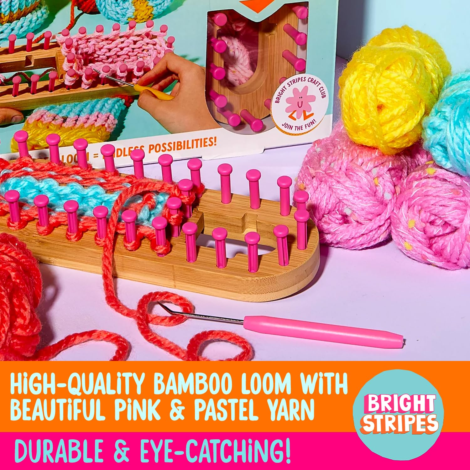 Bright Stripes Nimble Knitter Kit| 4-in-1 Adjustable Bamboo Loom with Chunky Yarn & Guide| DIY Craft Set to Make Scrunchies, Hats, Bags & More| Great for All Ages