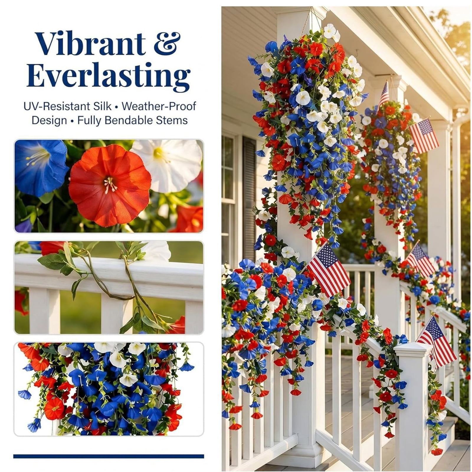 Fmxomd Artificial Hanging Flowers Basket for Outdoor, Fake Flowers Faux Plants for Yard Gardens Porch Patio Home, 28" Patriotic Flowers for Summer Front Porch Patio 4th ofJuly Decor