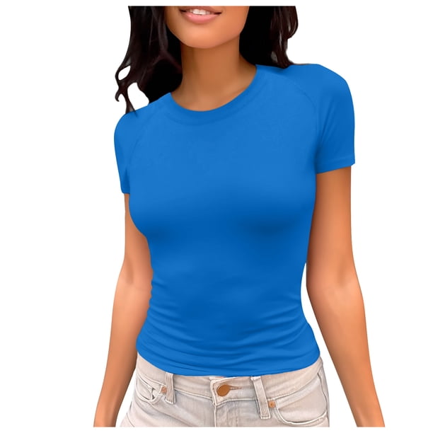 Camiseta de manga corta ajustada y moderna para mujer: corte ajustado y sexy, versátil con vaqueros/pantalones cortos, tejido suave para el verano, talla real, lavado en frío.