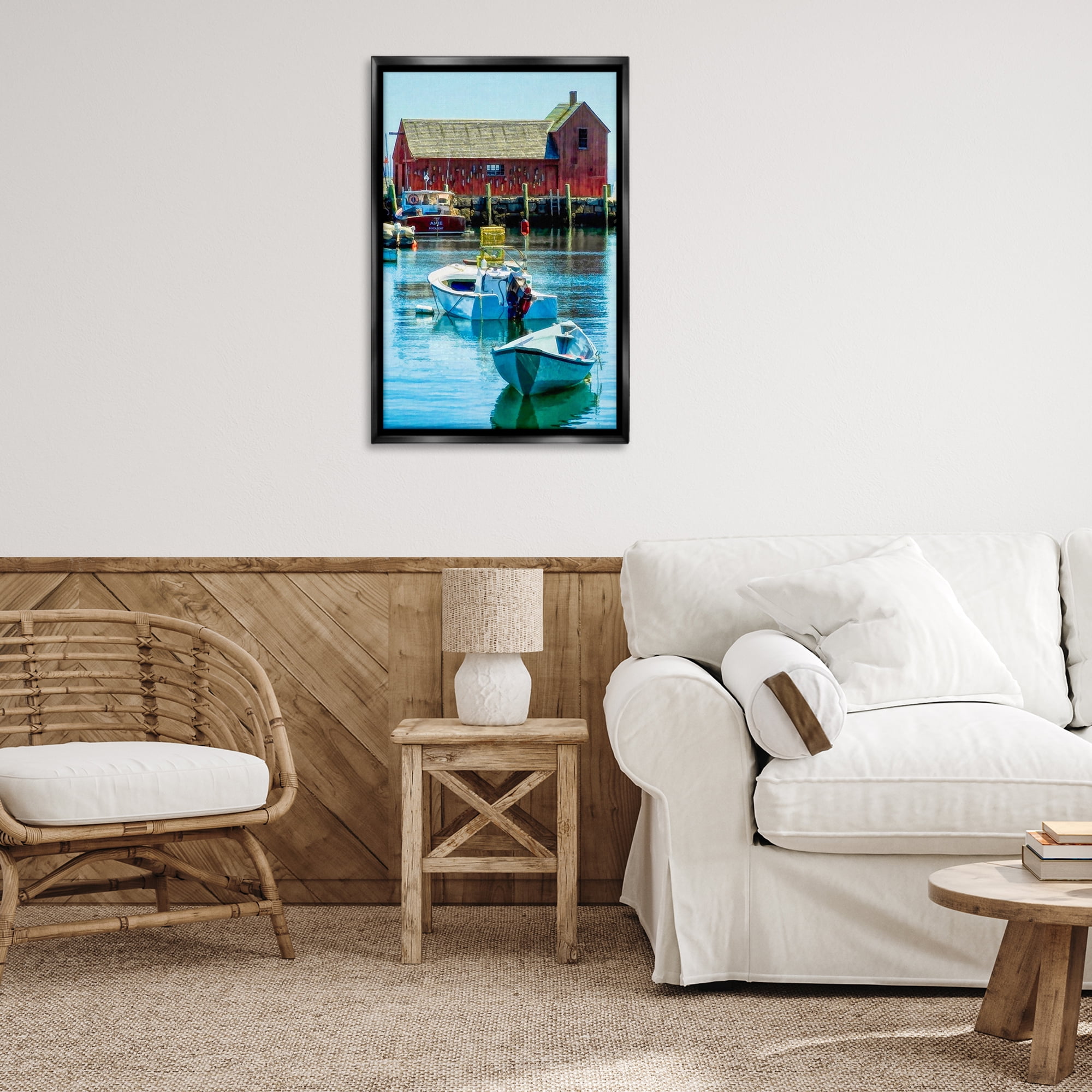 Stupell Industries Tranquil Boat Harbor Landscape & Nature Painting Black Floater Framed Canvas Art Print Wall Art, 21 x 31