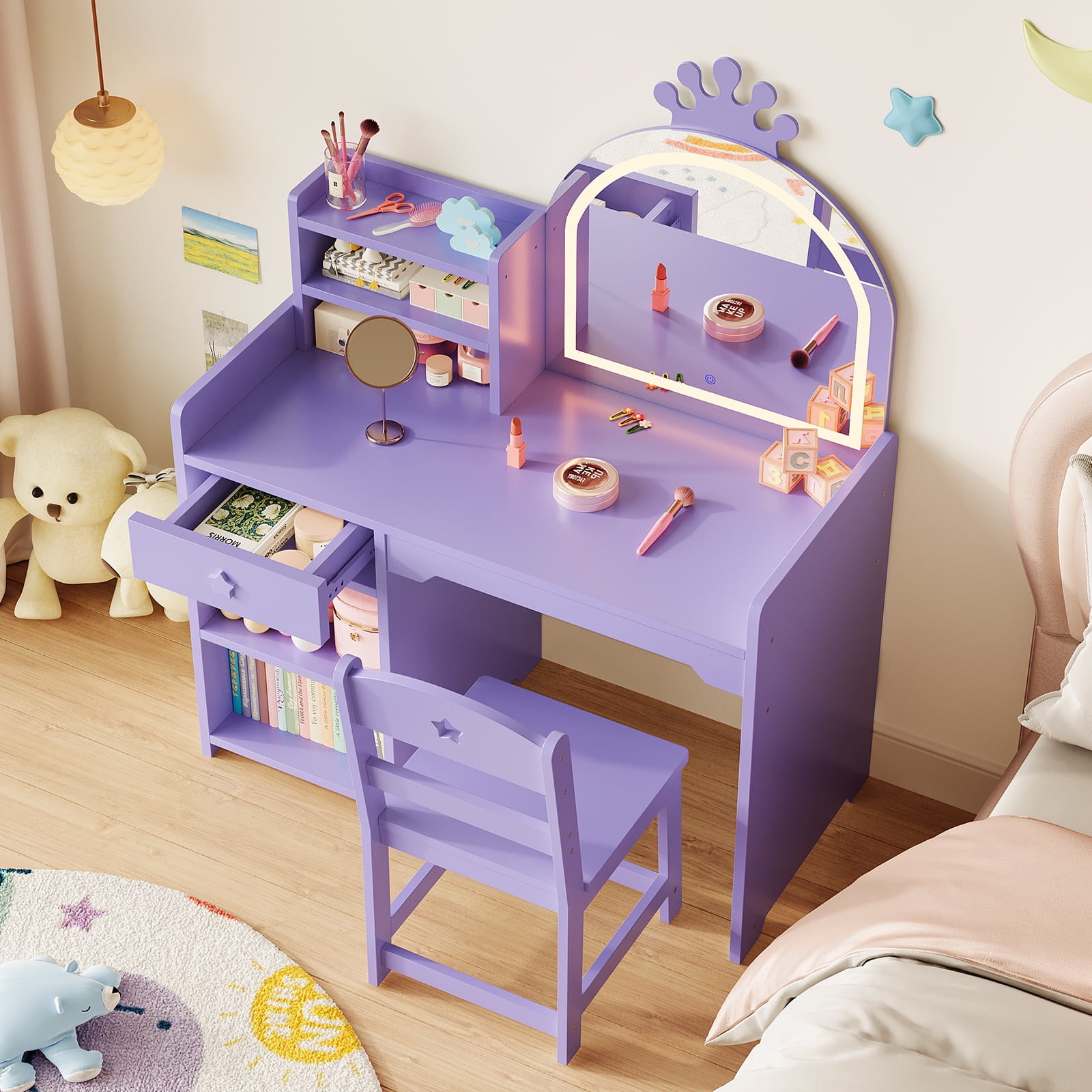 Kids Vanity Set with Lighted Princess Mirror Wooden Makeup Desk with Chair, Drawer & Open Shelves-Purple Dressing Table for Little Girls