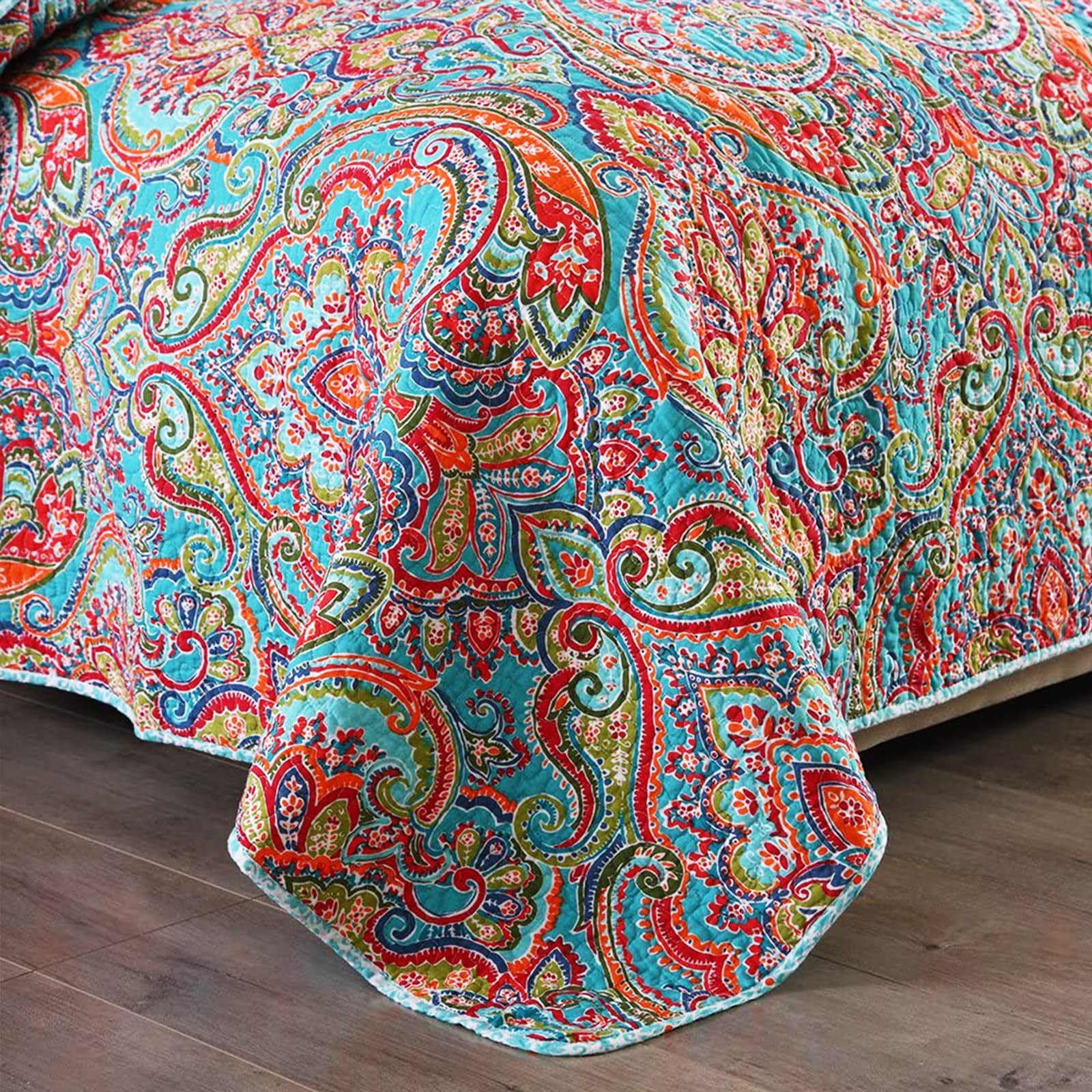 WannaToo Quilt King Size Comforter Cotton Bedding Set with Shams, Red and Blue Floral