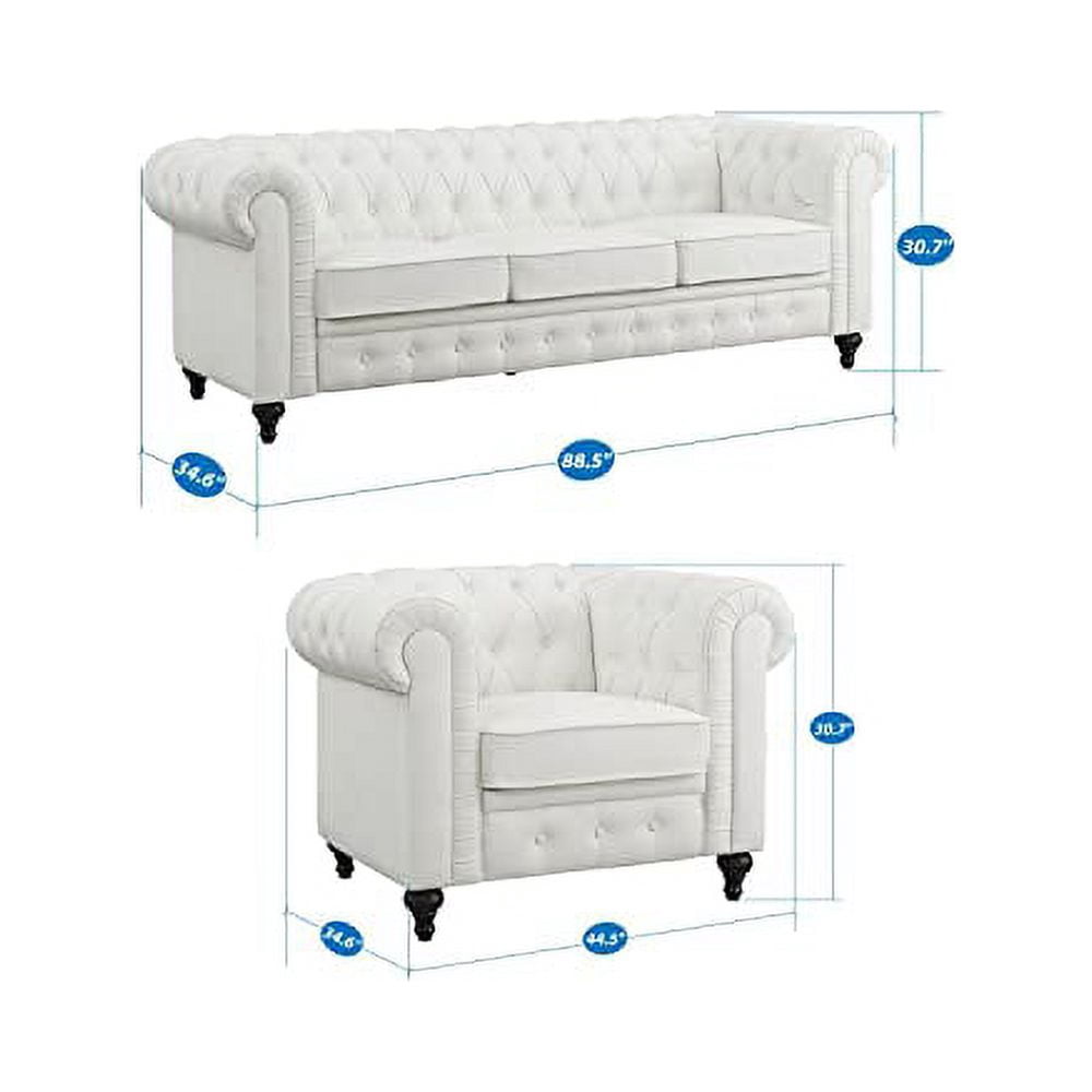 Naomi Home 2 Piece Faux Leather Tufted Arm Living Room Set White