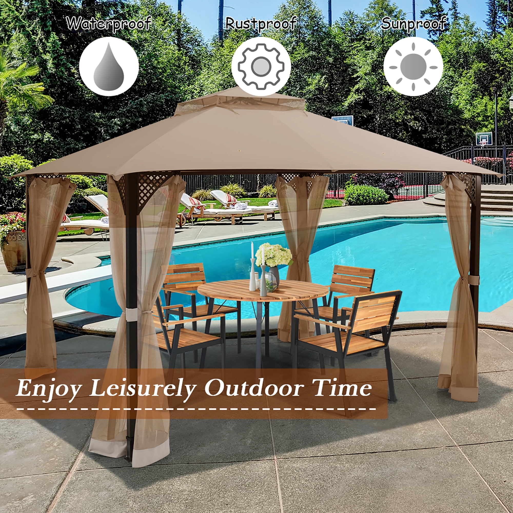 Costway 12' x 10' Outdoor Patio Gazebo Canopy Shelter Double Top Sidewalls Netting Brown