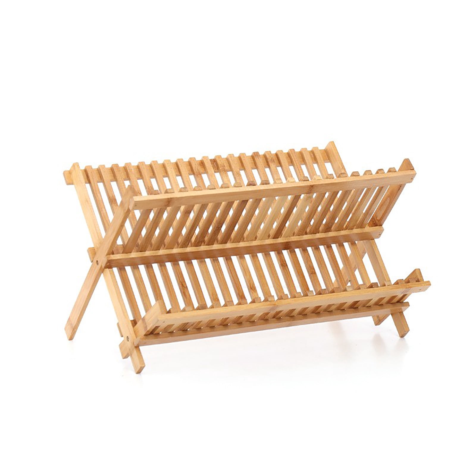 2-Tier Dishes Drying Rack,Wooden Foldable Dishes Drying Rack,Compact Drying Holders,Suitable for Kitchen and Counter