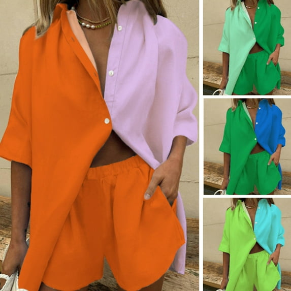 Dream Lifestyle 1 Set Women Shirt Shorts Color Block Loose Summer Single-breasted Wide Leg Outfit for Daily Wear