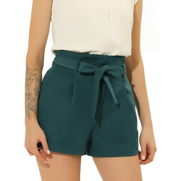 Pantalones Cortos de Verano Allegra K Para Mujer Con Cintura Alta Plisada Verde Gris S