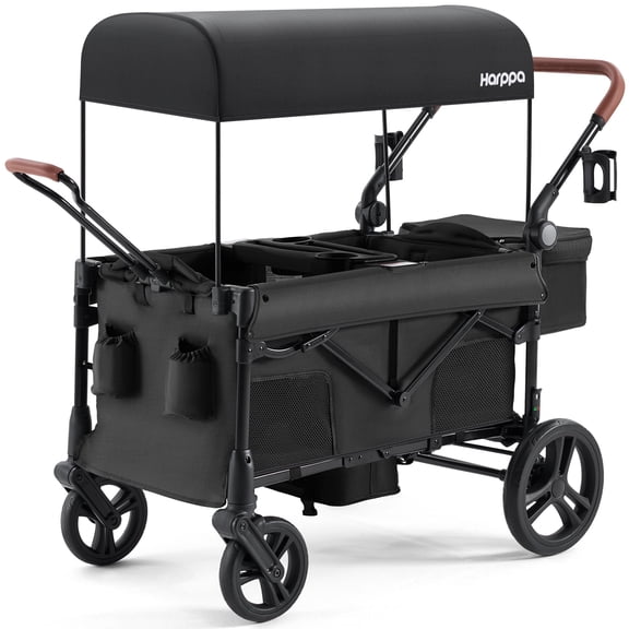 HARPPA Foldable Wagon Stroller for 2 Toddlers with Pull & Push Handle, Canopy, 32.9lbs, Black