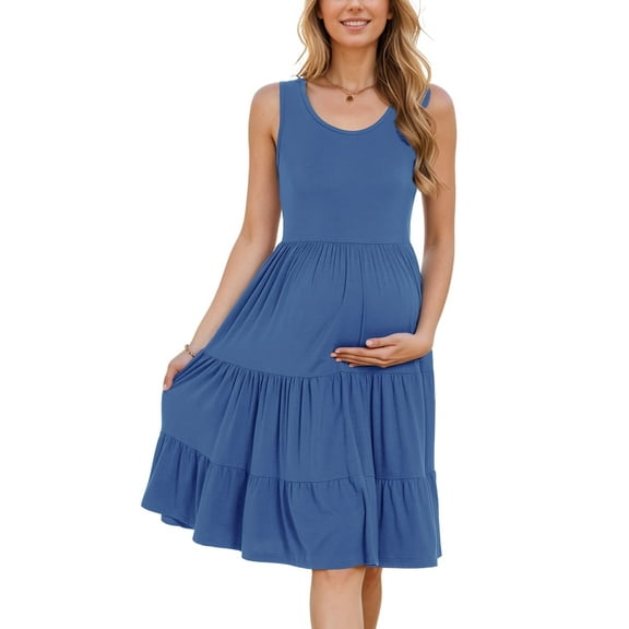Women's Summer Maternity Dress Sleeveless Ruffle Tank Dress with Pockets