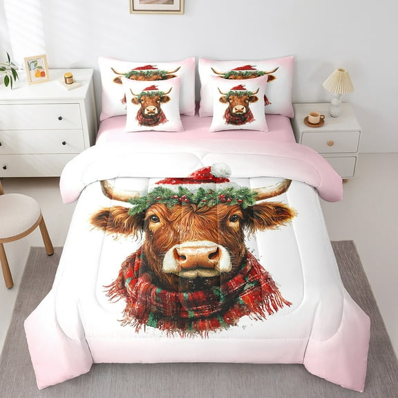 Erosebridal Christmas Cow Bedding Sets Twin Size, Pink Comforter Sets with Sheets, Winter Festival Reversible Bedding Twin Size, Microfiber Room Decorative, 7 Pieces