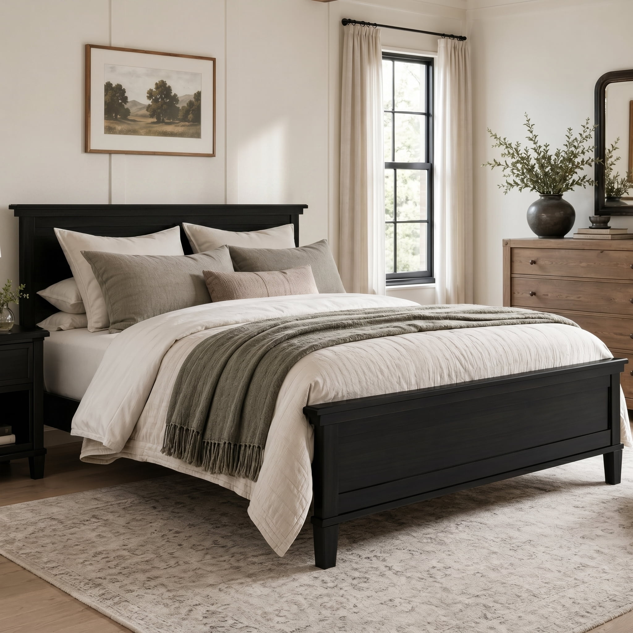 Euroco Wooden Full Size Mid-Century Platform Bed, Charcoal Black