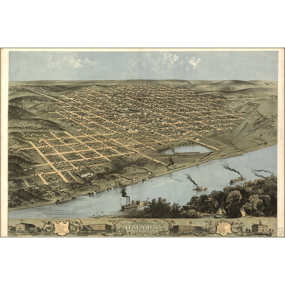 24"x36" Gallery Poster, birdseye view map of Omaha, Nebraska 1868