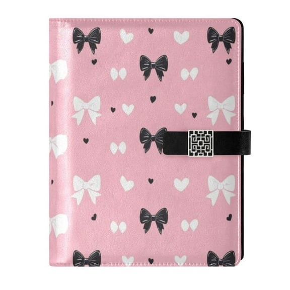 Premium Faux Leather Notebook - Refillable, Multi-Functional Organizer, 23.3x17cm, All-Season Use，Black Bows and White Hearts