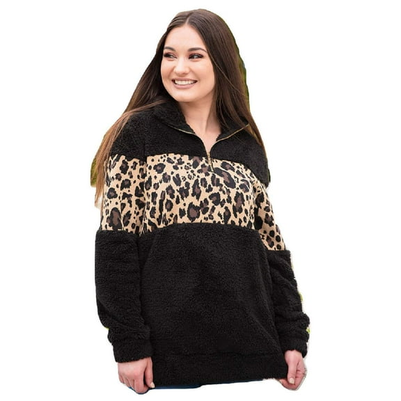 Womens Jacket Leopard Cheetah Sherpa Shirt Pullover Top Lightweight Clothing Black