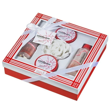 150 Ml Bath - Candy Cane 150 ml Shower Gel 150 ml Bubble Bath 50 ml Body Lotion 50 ml Body Butter, Flower Puff , in Red & White Gift Box