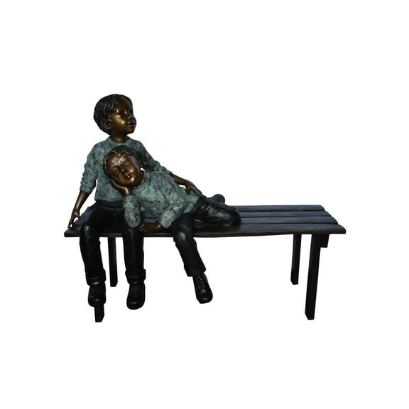 Nifao Brother and Sister on A Bench Enjoying Outdoors Bronze Statue – Outdoor Garden Decor Sculpture, 18"L x 39"W x 33"H