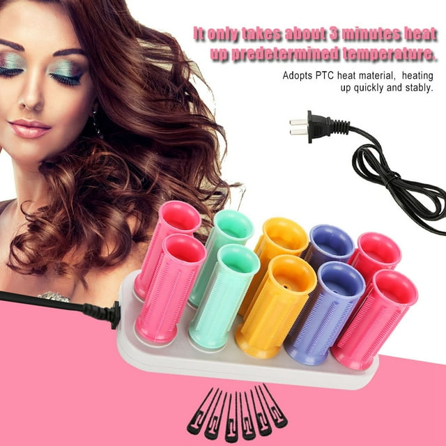 Electric Heated Roller, Heat Up Curling Wand Hair Styling Tool Heated Roller, featuring colorful rollers on a white base with a power cord. Includes 10 heat rollers and 5 black clips, ideal for creating large wave hairstyles. Compact and lightweight for travel, heats up in about 3 minutes using PTC heating material. Suitable for hair styling and curling with reduced heat damage.