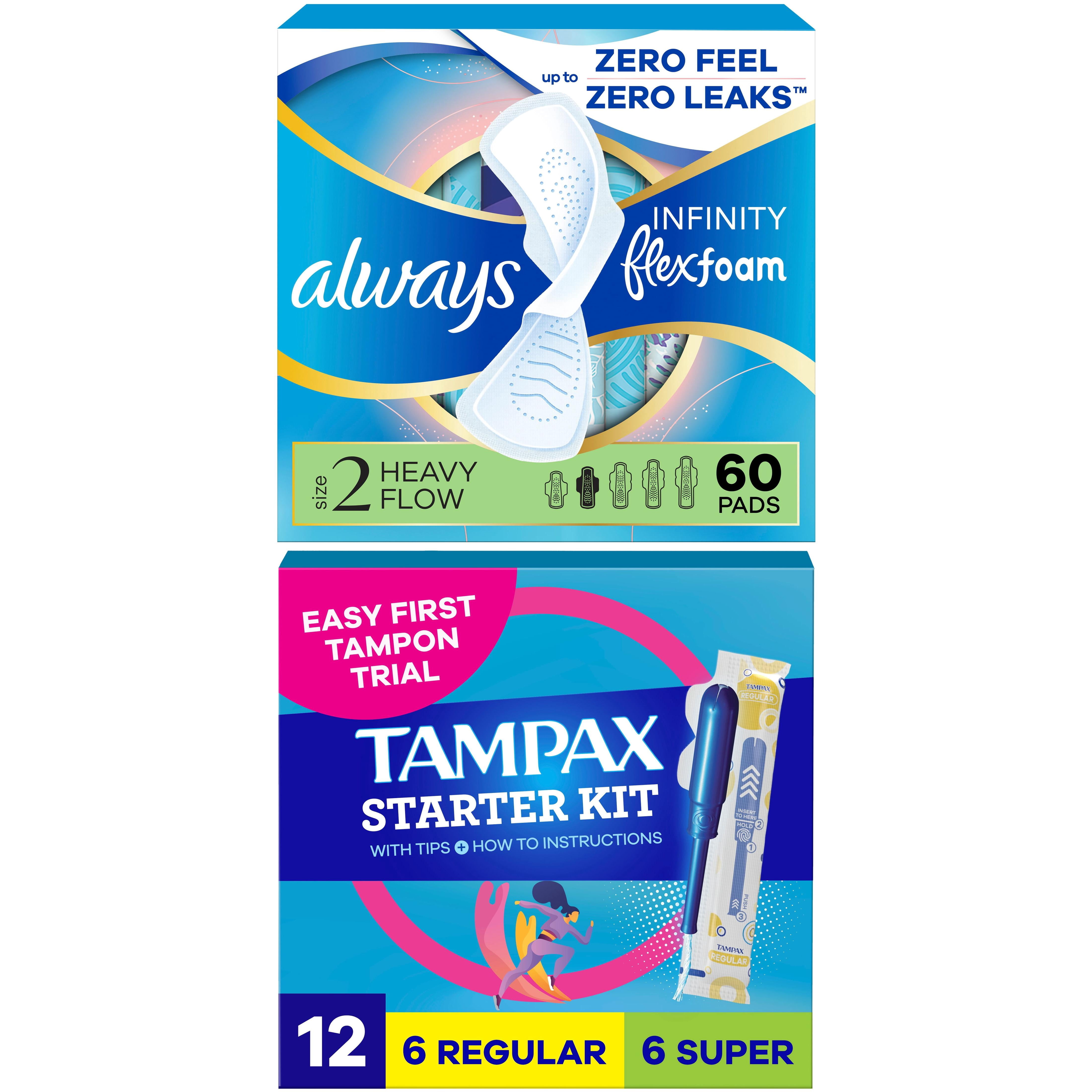 [Buy Pads Get Tampons FREE] Buy Always Pads, Infinity Flexfoam Size 2, Heavy, Wings, 60 Count, GET Tampax Pearl Starter Kit Multipack with Regular/Super, 12 count FREE
