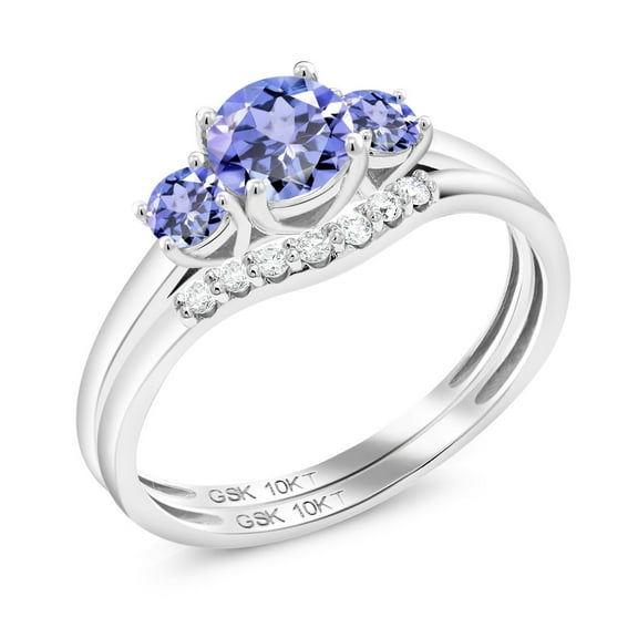 Gem Stone King 10K White Gold Blue Tanzanite and White Lab Grown Diamond 3-Stone Bridal Engagement Wedding Ring Set for Women (0.77 Cttw | Round 5MM | Size 7