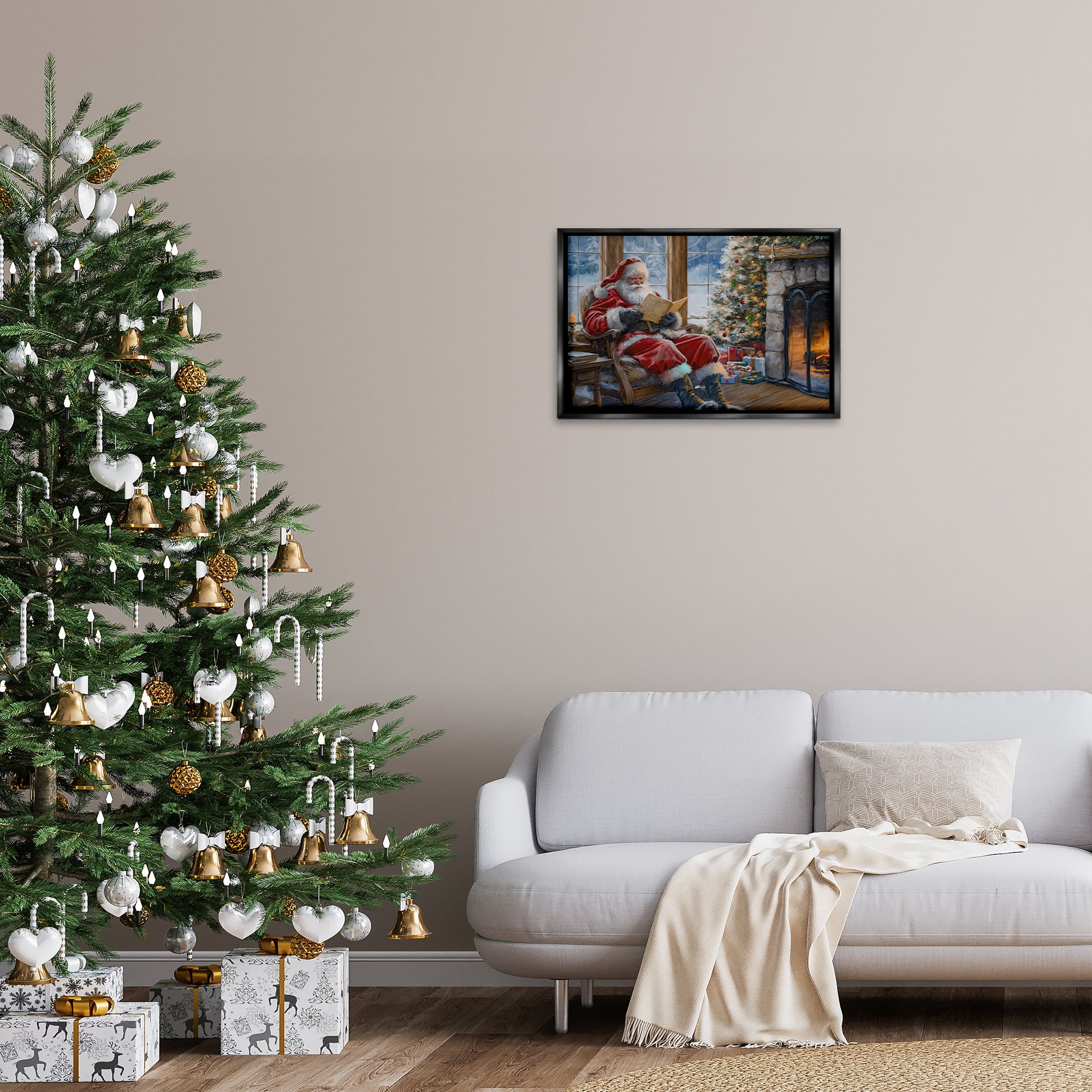 Stupell Industries Santa Reading by Fire Holiday Painting Black Floater Framed Canvas Art Prints Wall Art, 25 x 17