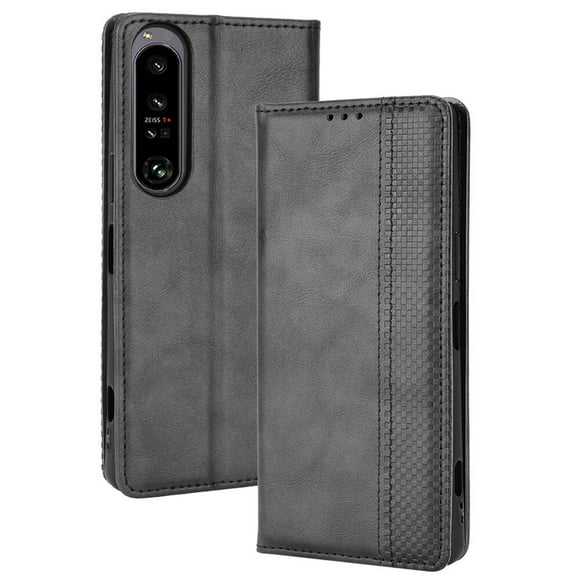 Compatible with Sony Xperia 1 IV Case Magnetic Closure Vintage Pattern PU Leather Wallet Cover with Card Slots-Black