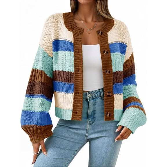 PUWEI Women's Striped Cardigan Sweaters Long Sleeve Trendy Chunky Knit Color Block Sweater Coat