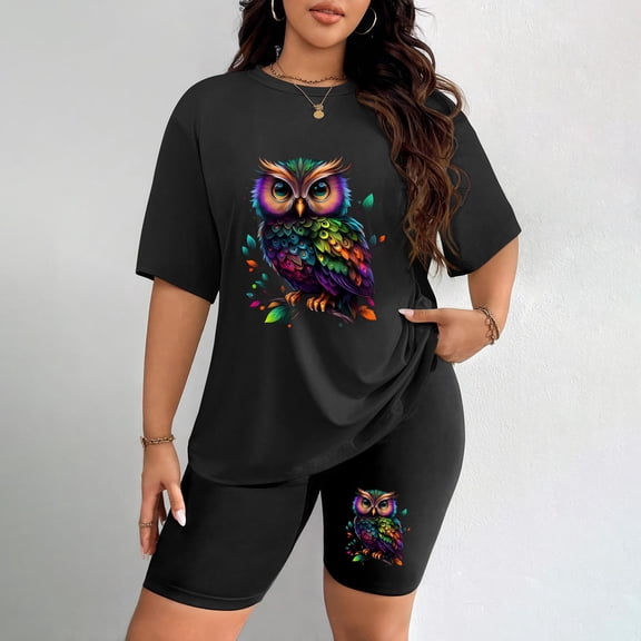 Women's Plus Size Colorful Owl Print Short Sleeve T-Shirt & Shorts Set