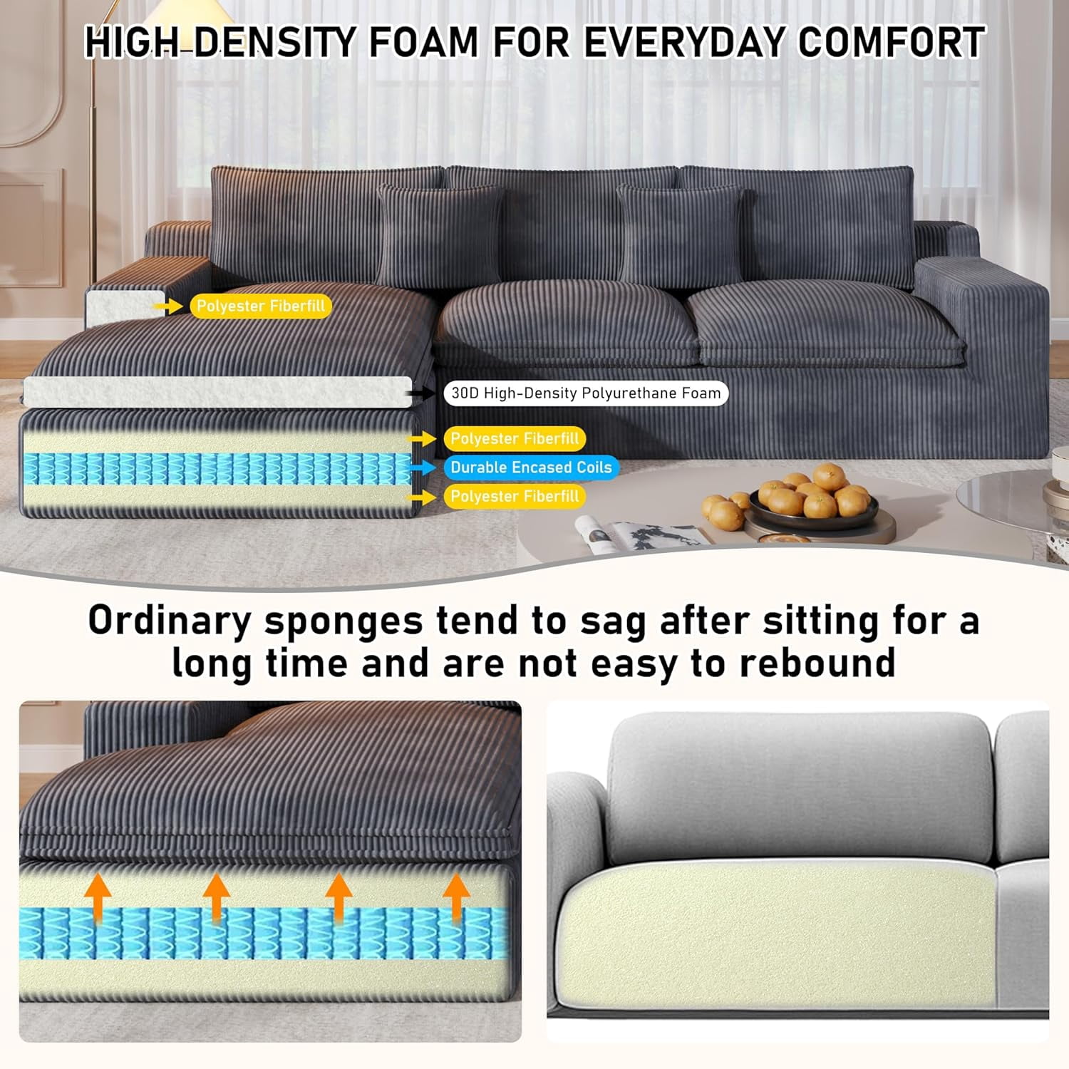 108” Modular Sectional Sofa, Cloud Sectional Couch with Deep Seat, Modern Modular L-Shape Sofa Couch with Chaise,Upholstered Couches for Living Room Bedroom