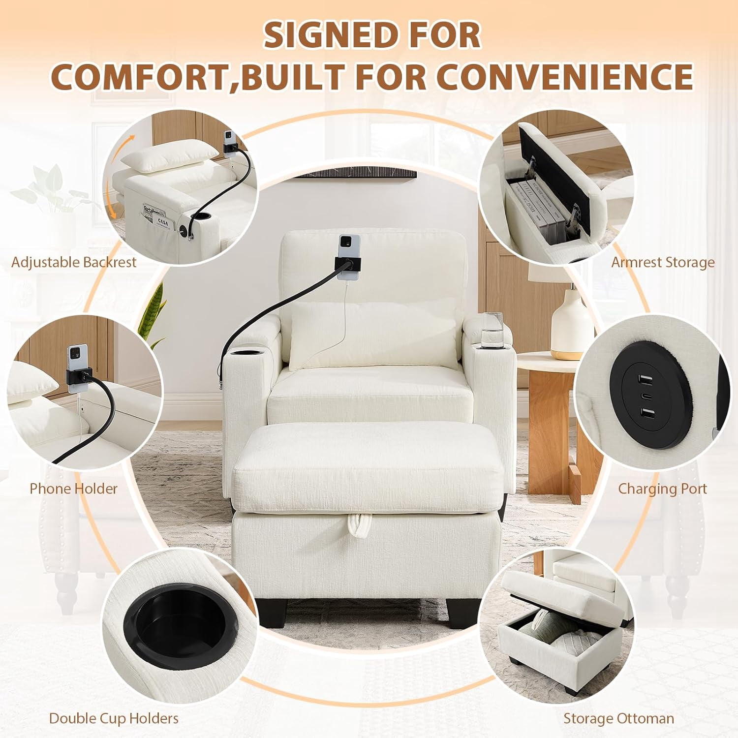 MOONMISS Oversized Chaise Lounge Chair Indoor, Single Convertible Recliner Reading Arm Sofa Chair W/Adjustable Backrest & Charging Port Couch Bed for Living Room, Home Theater & Bedroom,Beige